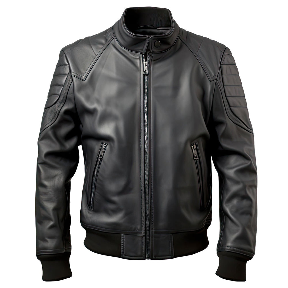 Men's Ironclad Black Real Lambskin Rib Knit Slim-Fit Bomber Jacket