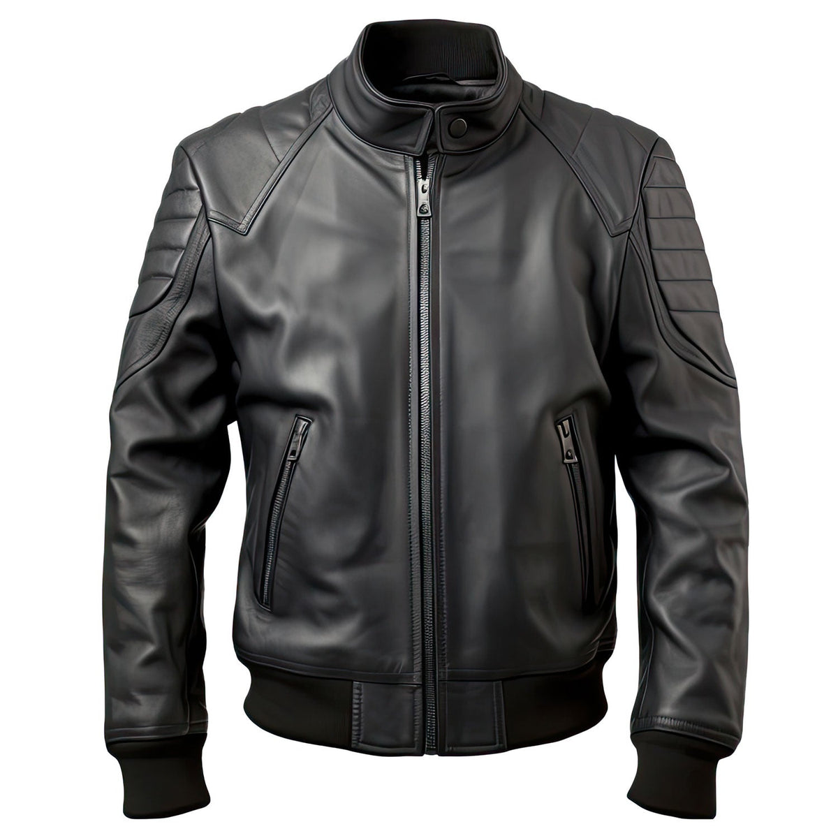 Men's Ironclad Black Real Lambskin Rib Knit Slim-Fit Bomber Jacket