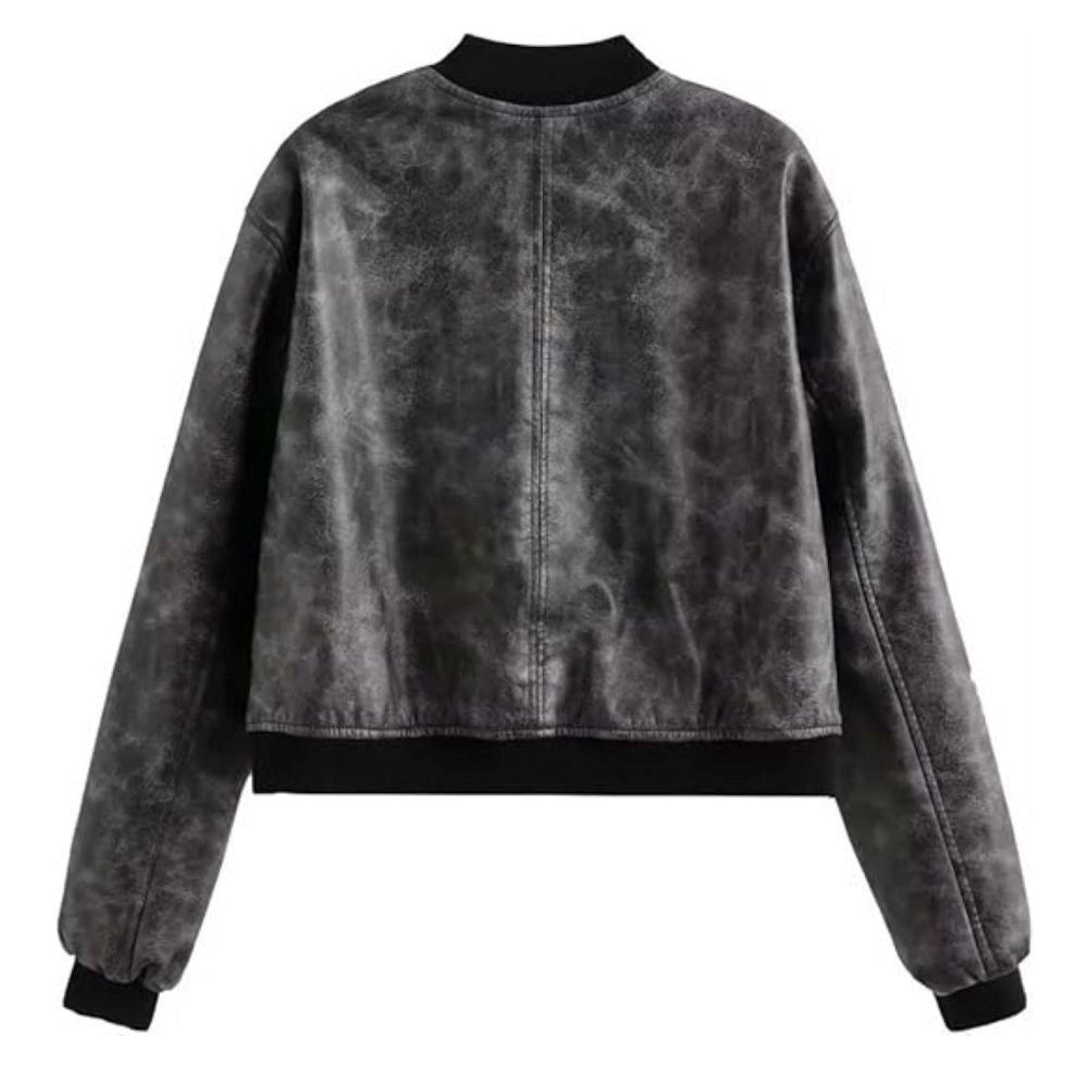 Women’s Adore Distressed Grey Bomber Genuine Sheepskin Leather Jacket