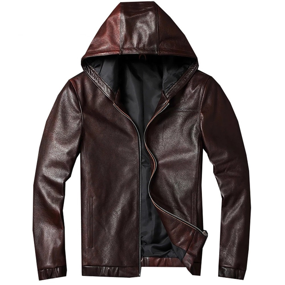 Mens Bowie Simple Genuine Lambskin Leather Hooded Bomber Jacket