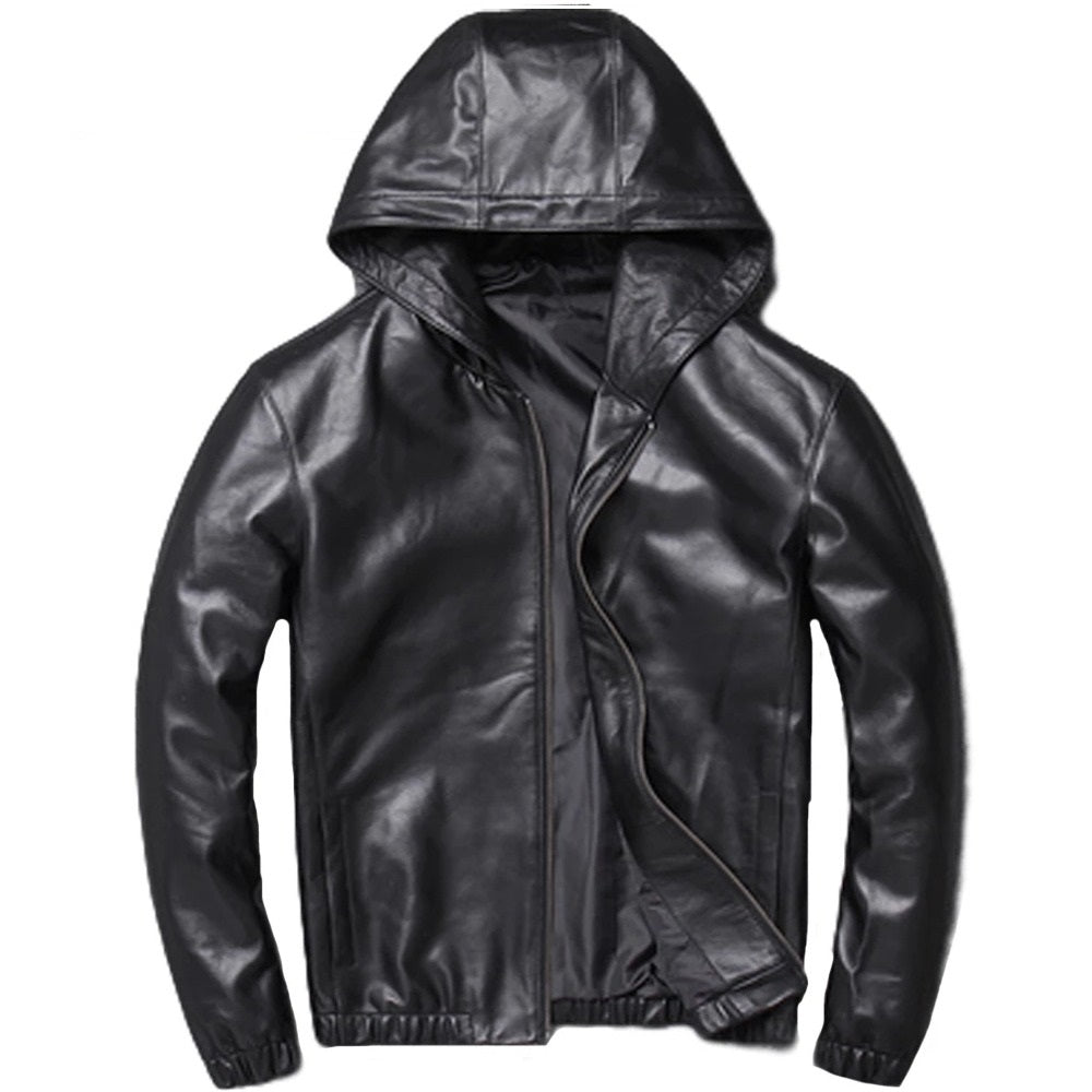 Mens Bowie Simple Genuine Lambskin Leather Hooded Bomber Jacket
