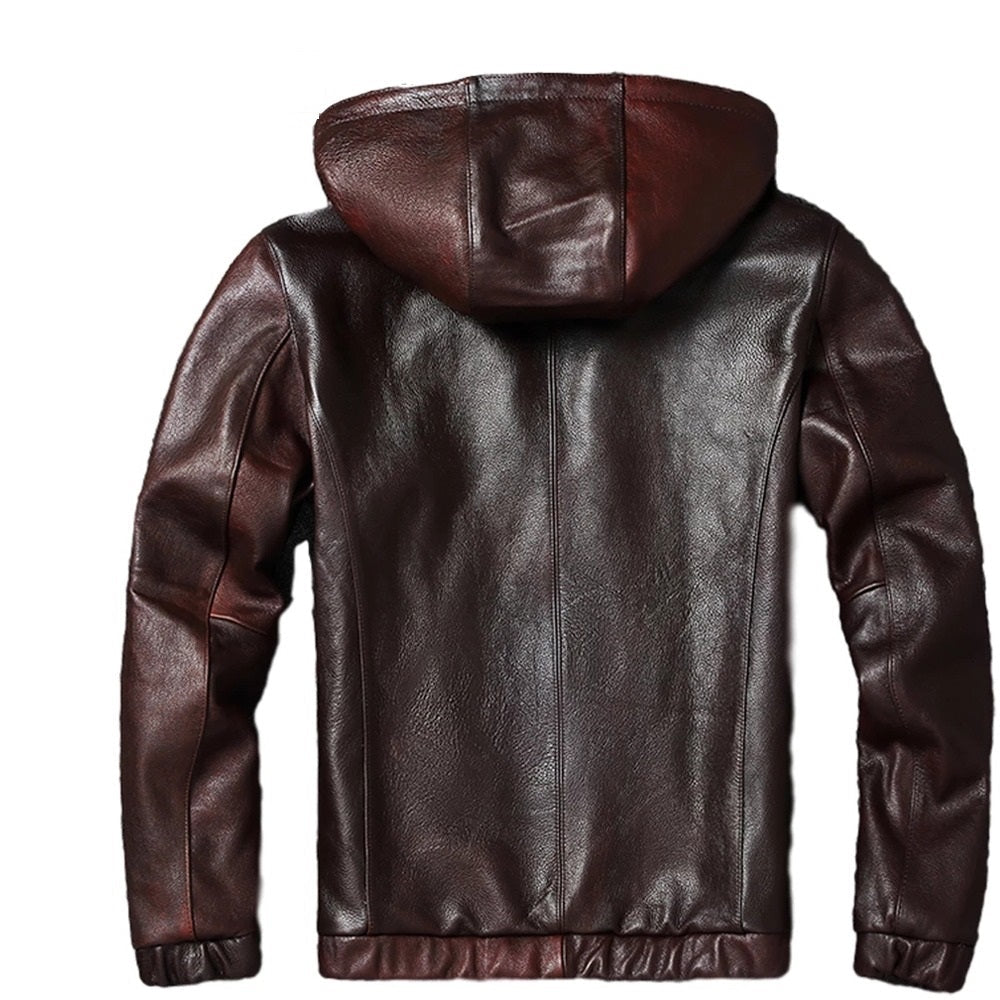 Mens Bowie Simple Genuine Lambskin Leather Hooded Bomber Jacket